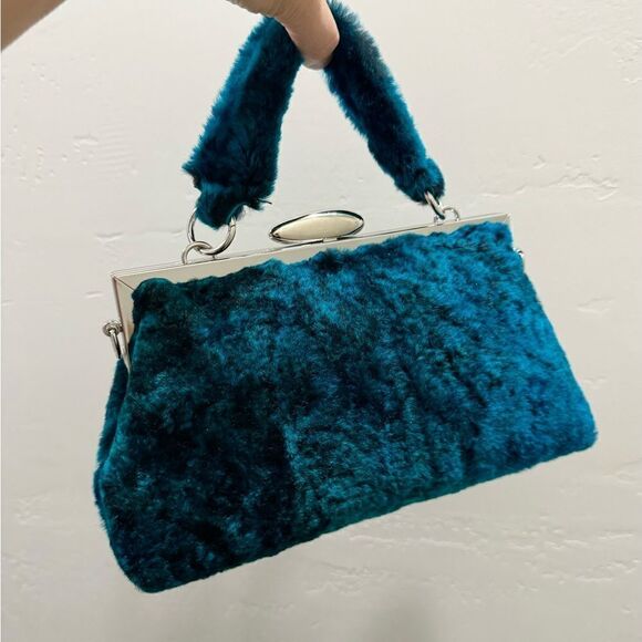Peacock Blue Handmade Real Shearling Push Lock Clutch/Shoulder Bag/Crossbody - Picture 4 of 16